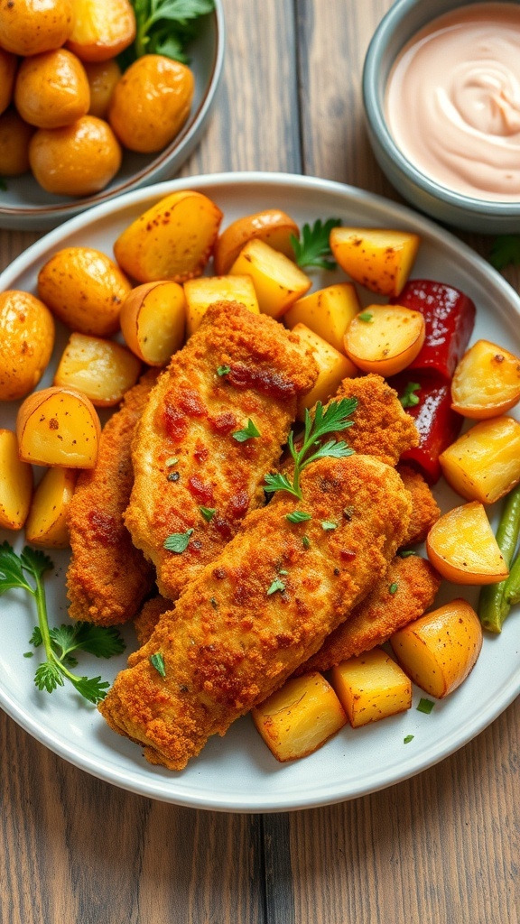 A colorful plate of air-fried chicken, roasted vegetables, and crispy potatoes on a wooden table.